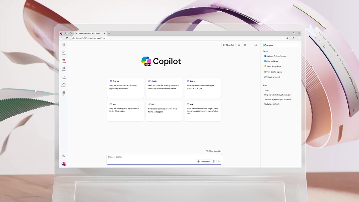 A Microsoft 365 Copilot Chat screen showing education-specific prompt suggestions. An abstract ribbon swirls behind the screen