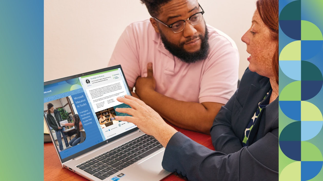 Two education leaders discussing an example of AI Navigators from the Microsoft Education AI Toolkit