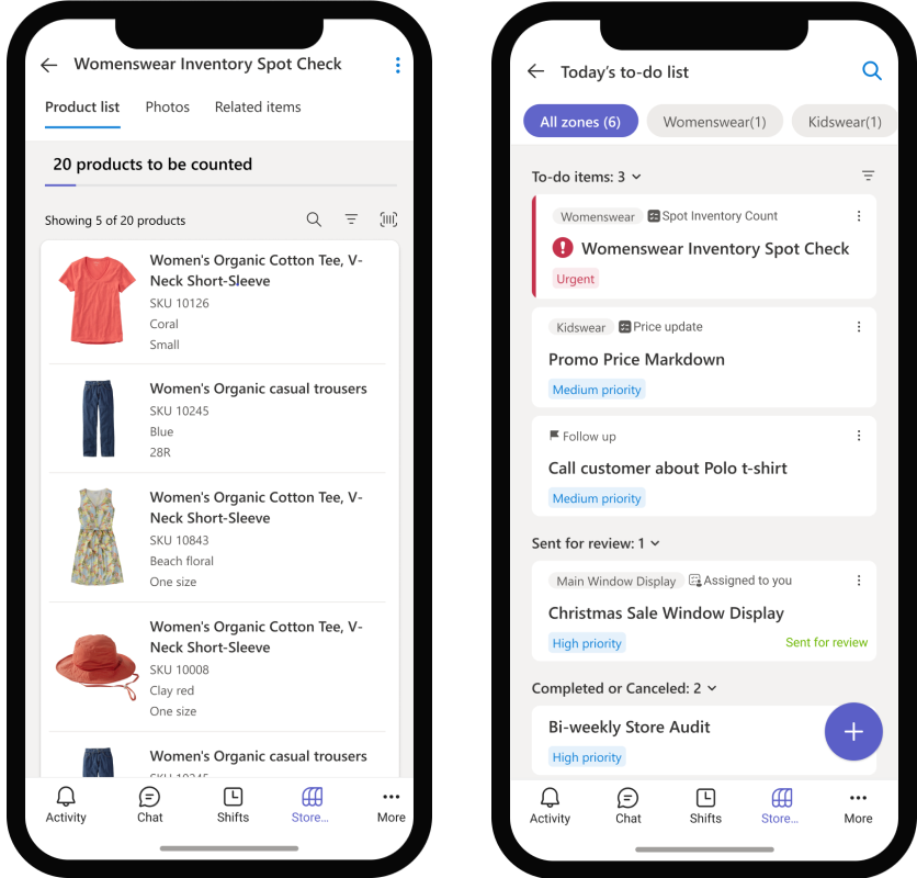 Screen shot of mobile product check in Store Operations Assist and mobile to-do list in Store Operations Assist.