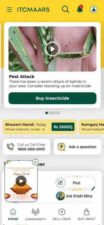 Illustrated in an animated gif showing the home page of the ITC app. Scrolls vertically through options to select crop doctor among others.