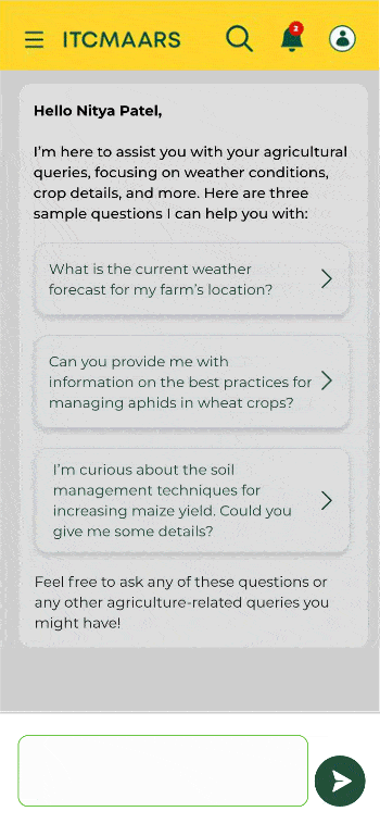 Illustrated in an animated gif showing the home page of the ITC Crop Doctor Krishi Mitra functionality in the app. The user queries “What is the yellow powdery residue on plant leaves?” The copilot responds with its interpretation of the concern with thoughtful responses and prompts to learn more.
