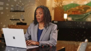 woman working on her laptop in an office