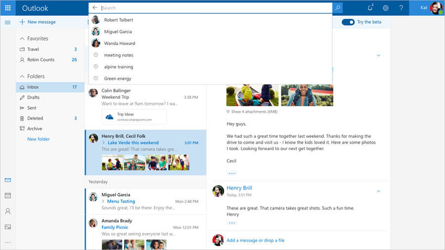 Image showing the Outlook beta inbox, with the search feature displaying suggested contacts.