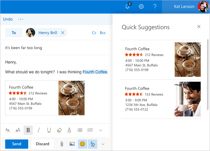 Image showing an email, with the Quick Suggestions feature adding the details of a place to meet for coffee to the email.