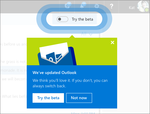 Image of the Try the beta toggle button and a dialog prompting user to try it now.