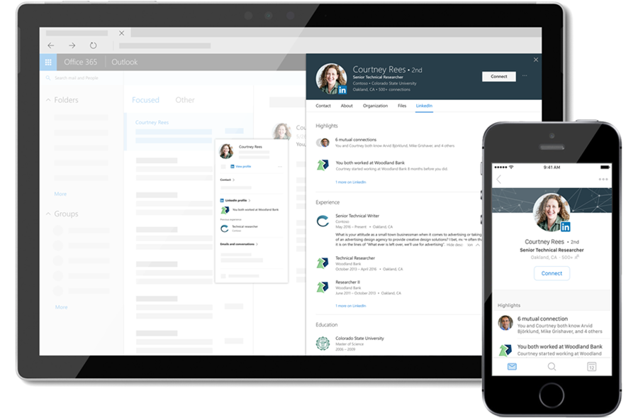 LinkedIn profile information shown from Outlook, on both a phone and tablet.