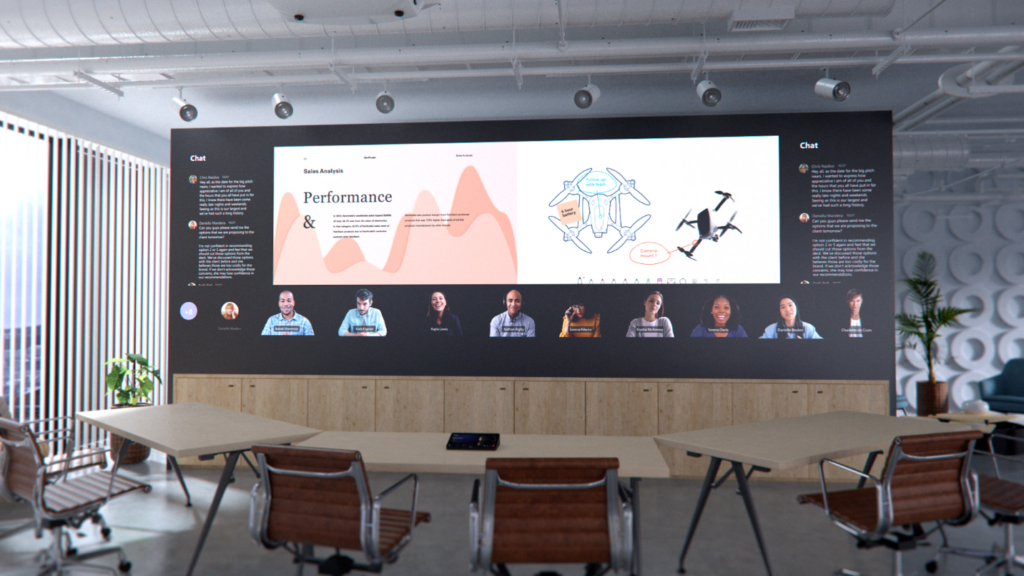 Image of an office space showing digital collaboration using Surface Hub and Digital Whiteboard from Microsoft Teams