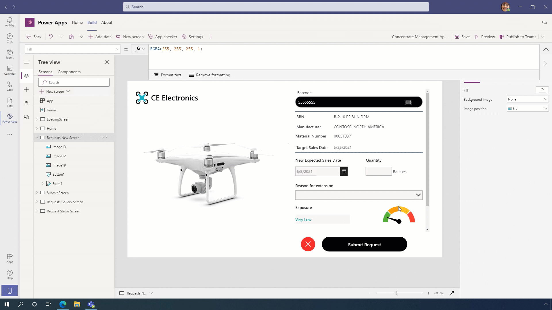 Visual showing example of Power App in action in Teams.