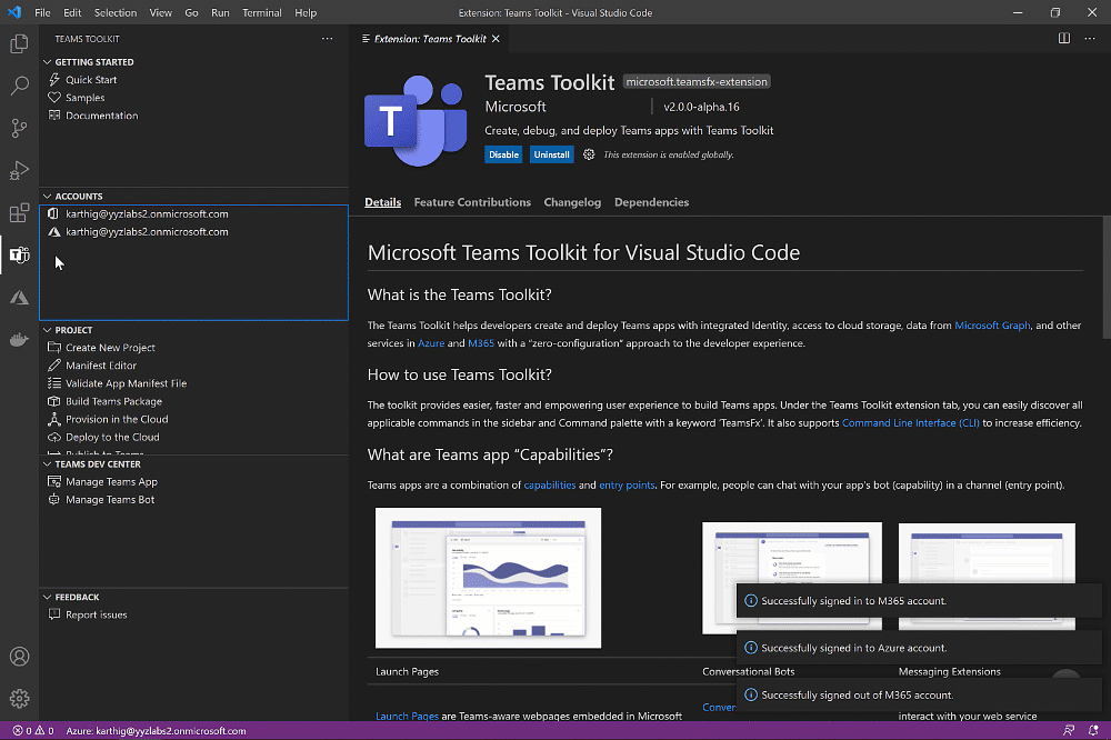 Visual showing the Teams Toolkit in action of creating an app.