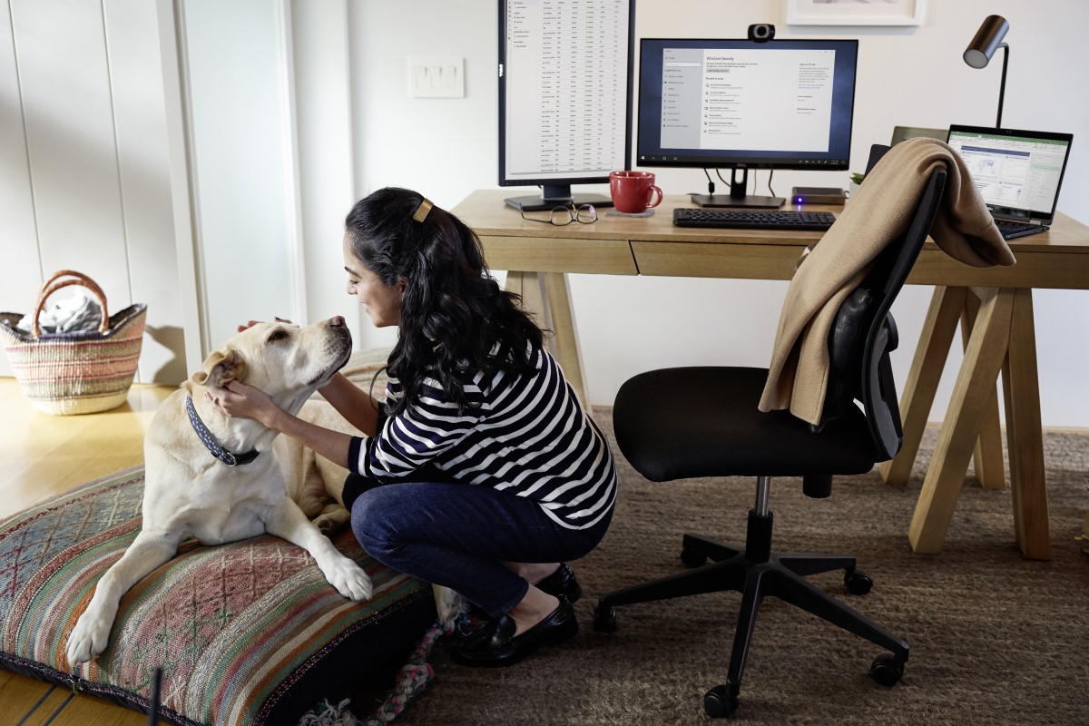 Hybrid employee working from home office and petting dog
