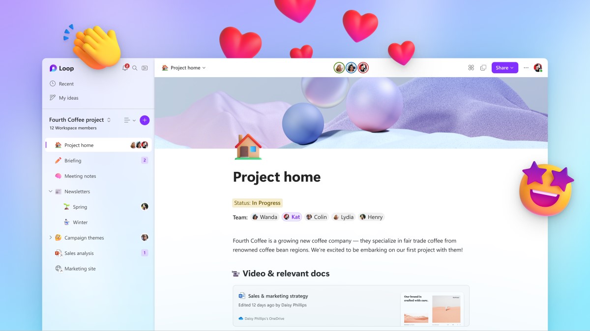 Microsoft Loop app Project home page view, with heart, clap, and star eye emojis