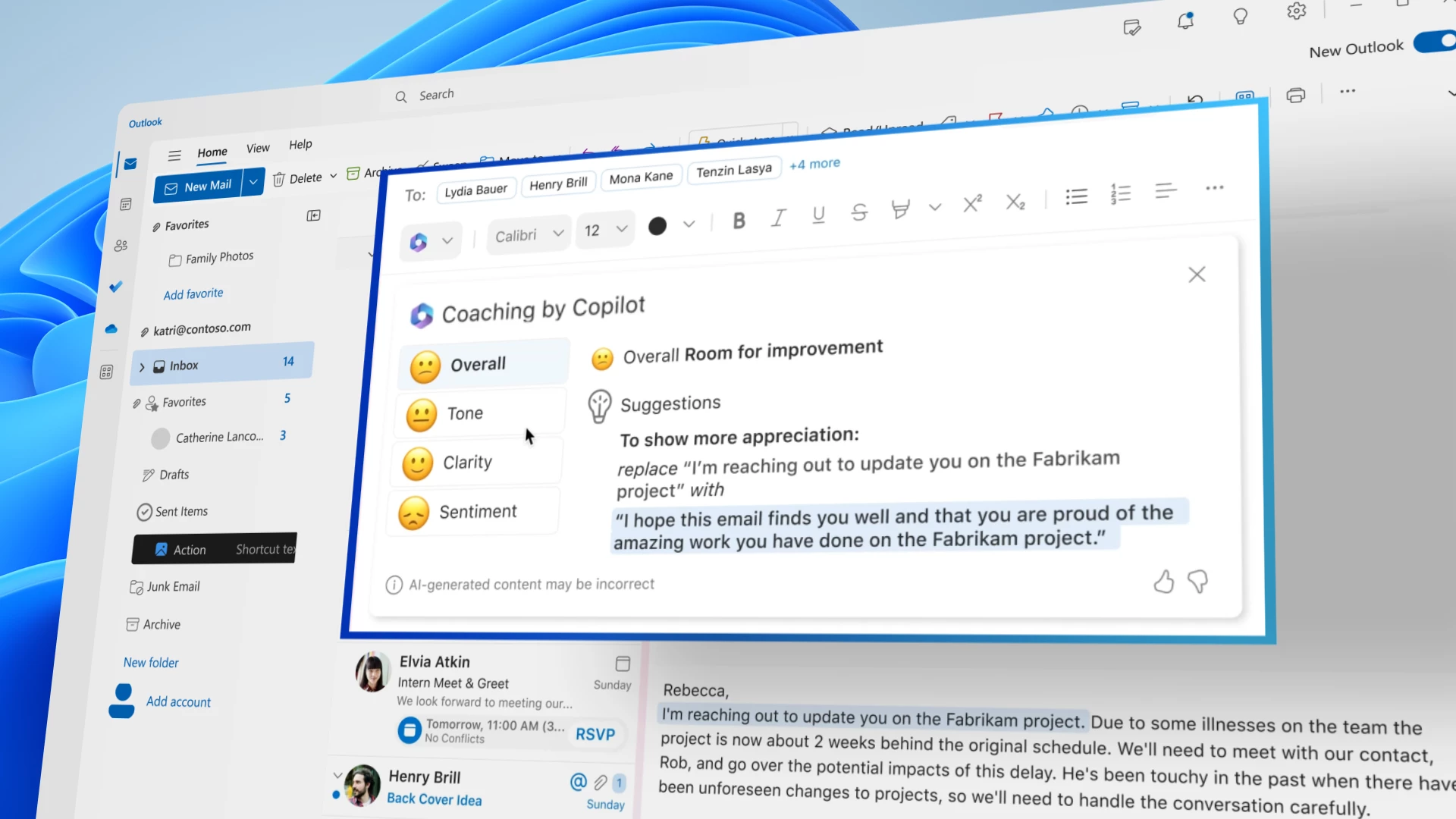 Screenshot of the new Coaching by Copilot feature in Outlook enhanced by Microsoft 365 Copilot