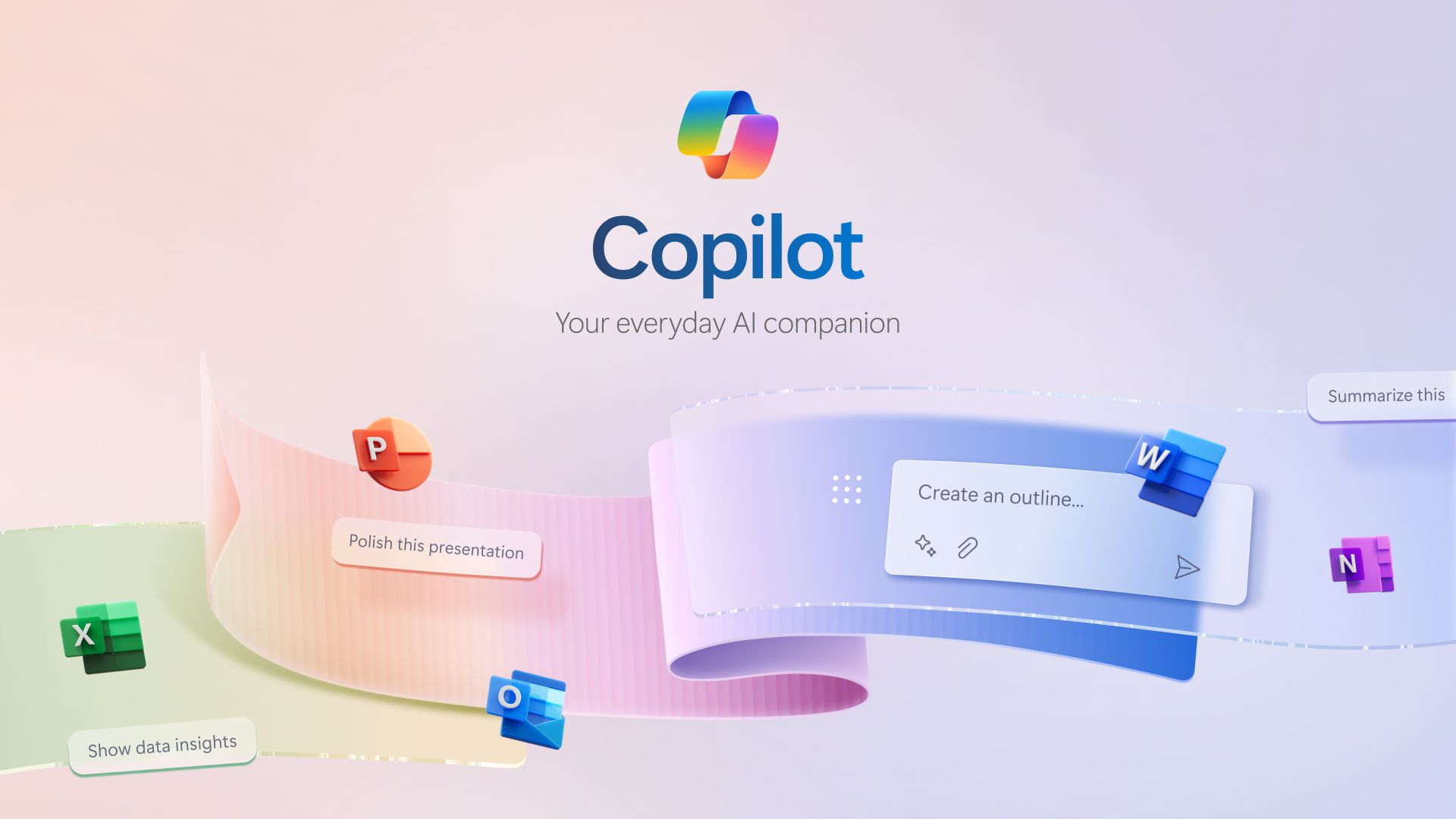 Decorative image of Microsoft Copilot including the logos of Excel, PowerPoint, Outlook, Word, and OneNote