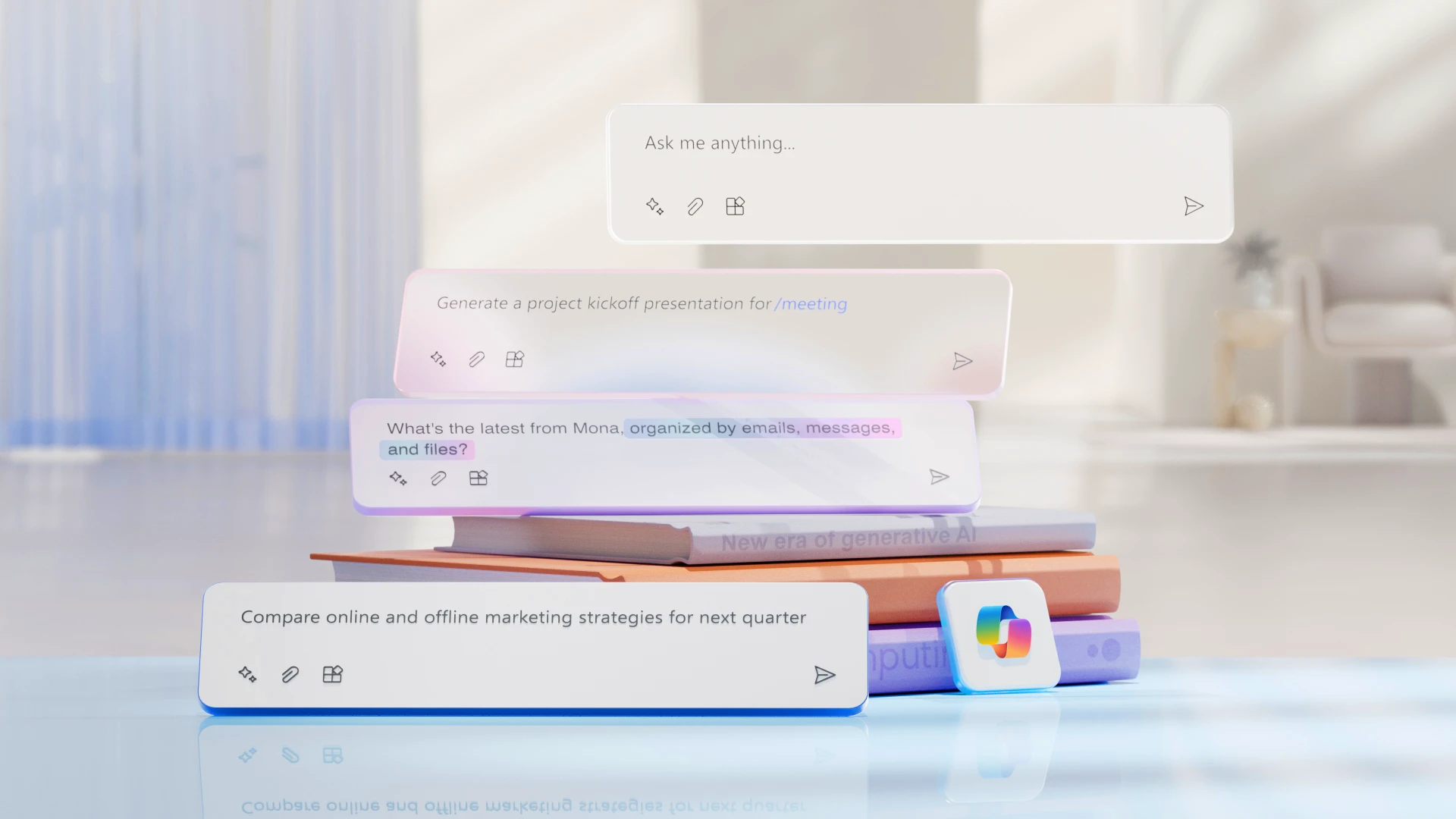 Microsoft Copilot text boxes with meeting prompts and text screens in front of a background of three stacked books