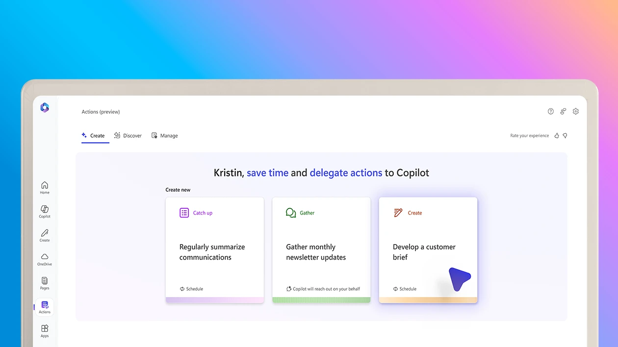 A monitor mockup showing a screenshot of the Create tab within Copilot Actions, set against a gradient purple and blue background