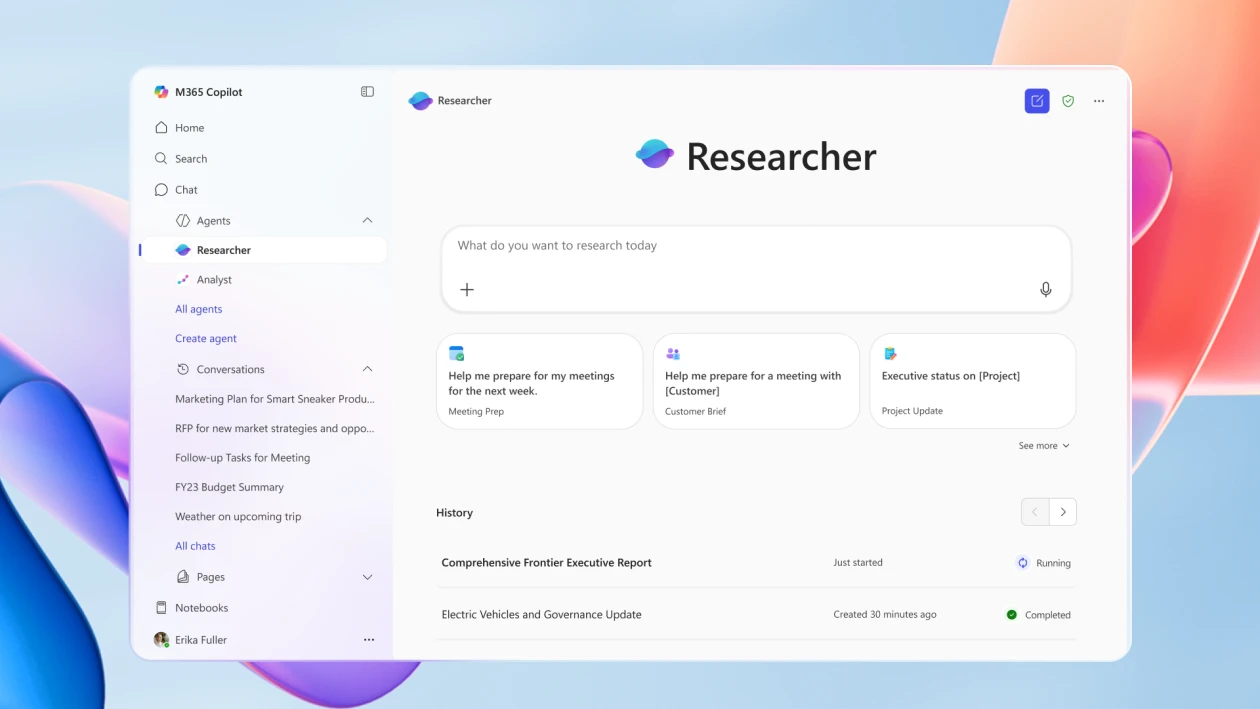 A screenshot of the Researcher agent UI overlaid on a colorful graphic design background