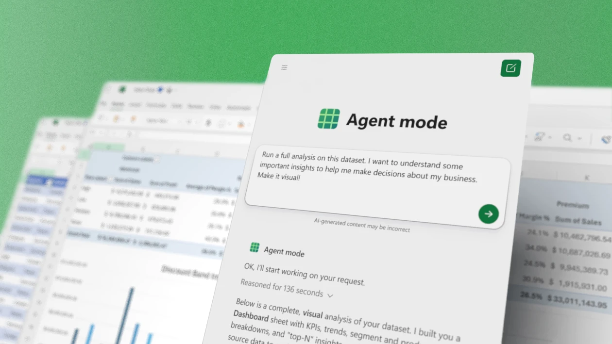 A decorative image of Agent mode in Excel demonstrating a prompt to Run a full analysis on a dataset