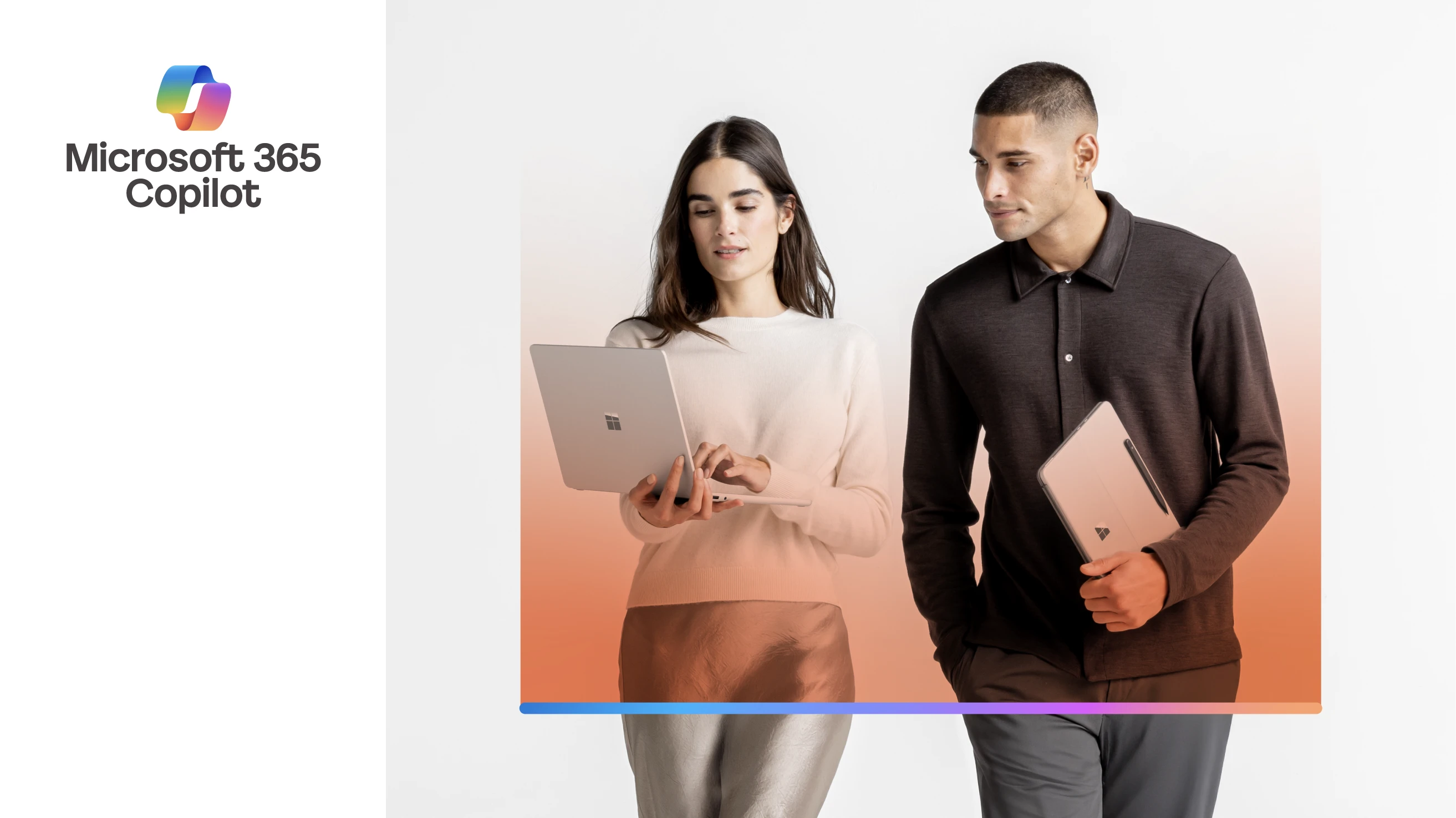 A man and woman holding laptops with text that reads Microsoft 365 Copilot