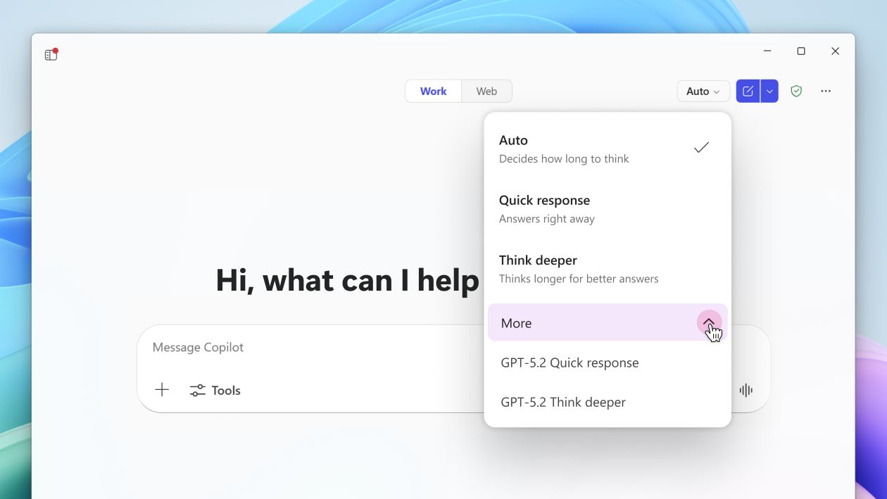 A screenshot of Microsoft Copilot with a dropdown menu open in the upper-right corner showing response modes. Options include Auto, Quick response, Think deeper, More, response, and Think deeper. The main interface displays a greeting with a text box labeled Message Copilot