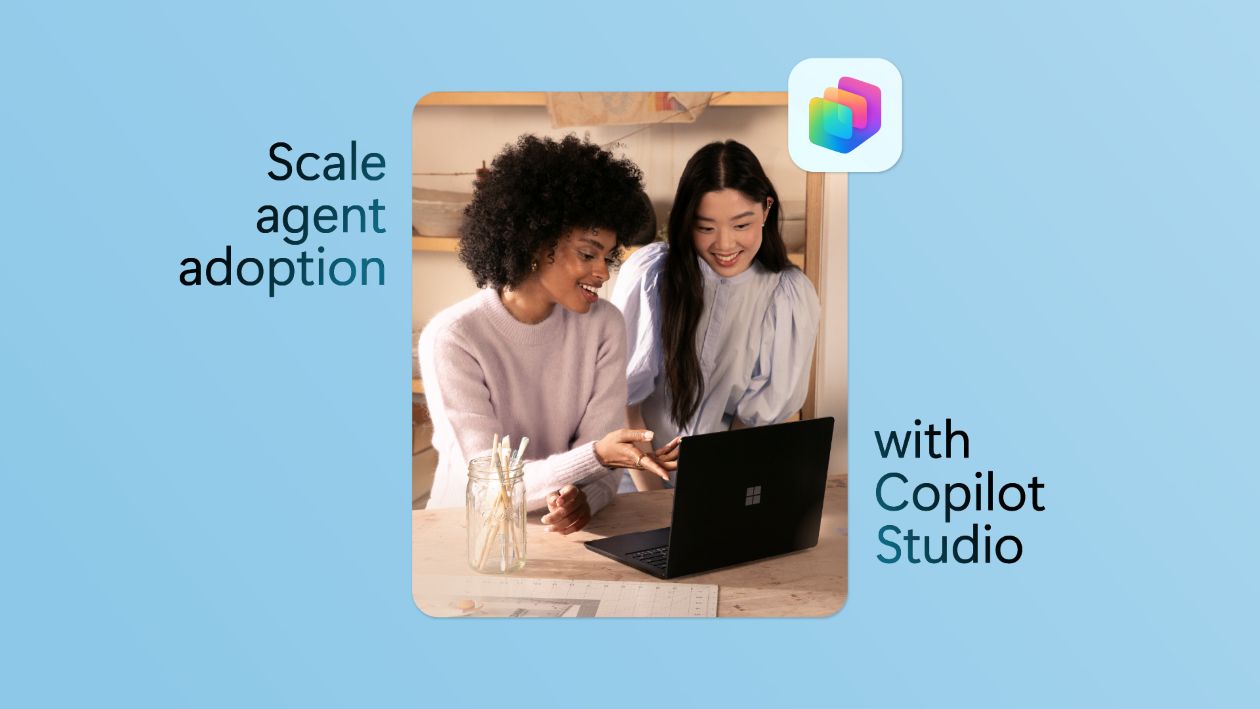 Two business professionals looking at the screen of a laptop and collaborating. The Copilot Studio icon is in the top right