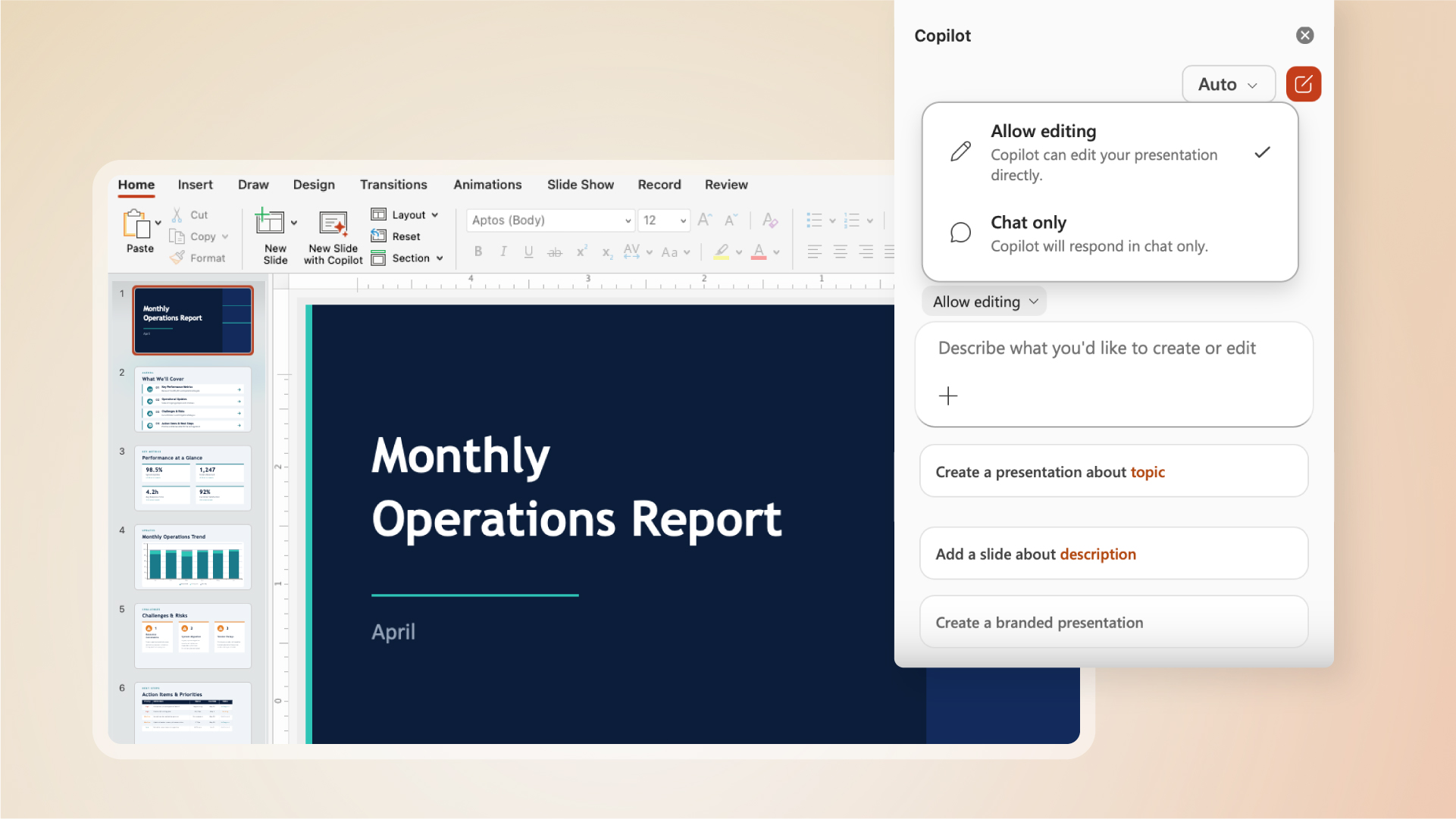 Microsoft PowerPoint interface showing a presentation titled ‘Monthly Operations Report’ with a dark blue cover slide labeled April. The Copilot pane is open on the right with options to edit the presentation, add slides, or create a presentation