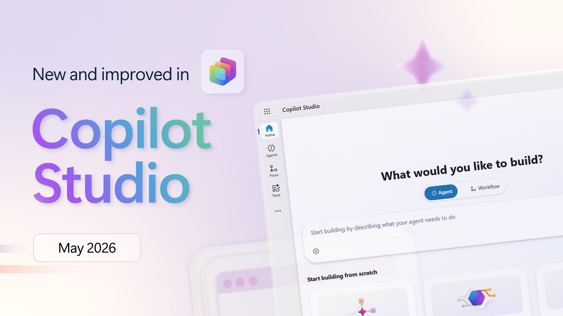 A light purple and pink graphic design background with the Copilot Studio logo and the text New and improved in Copilot Studio: May 2026