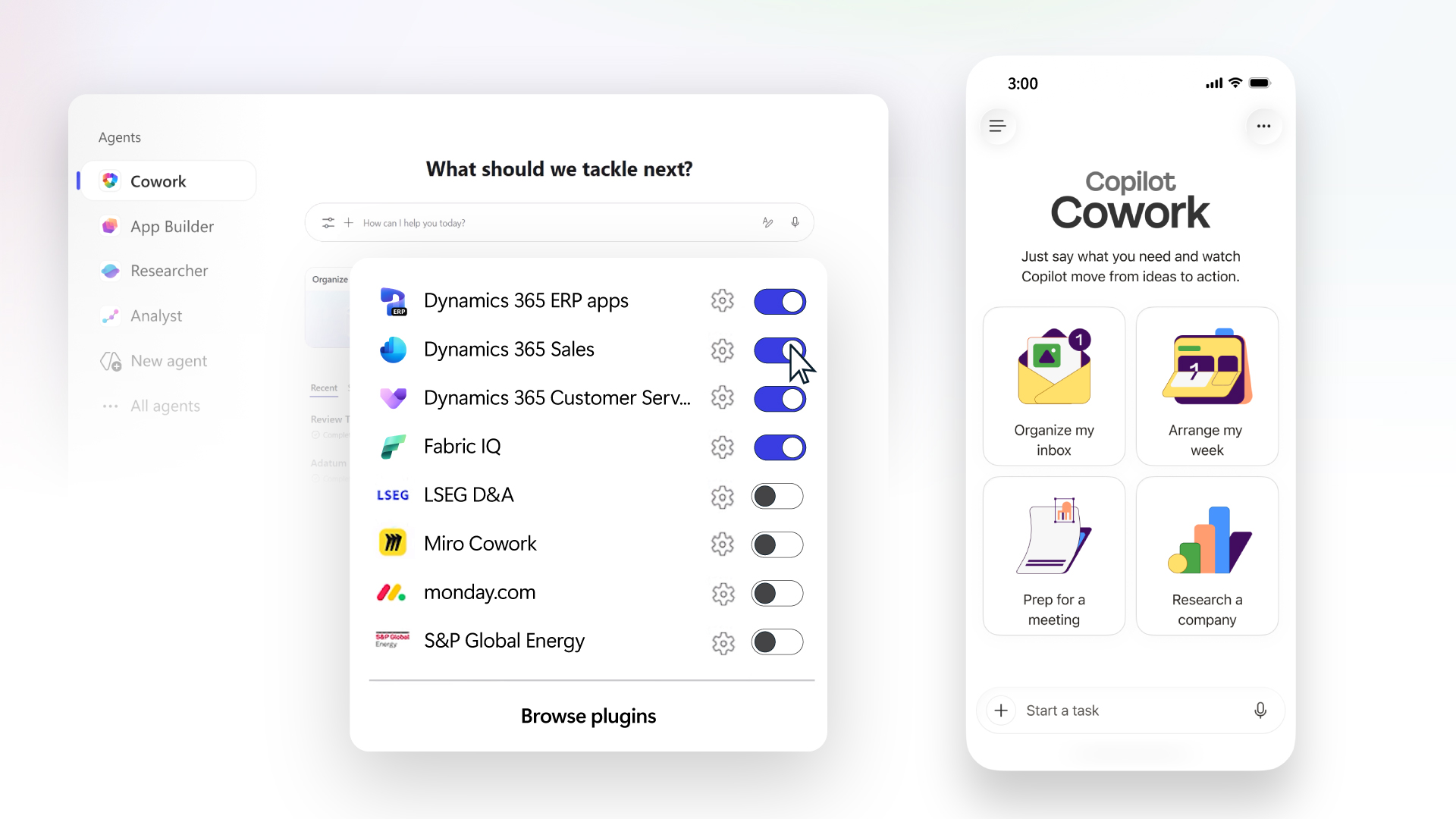 Copilot Cowork, with Dynamics 365 plugins turned on