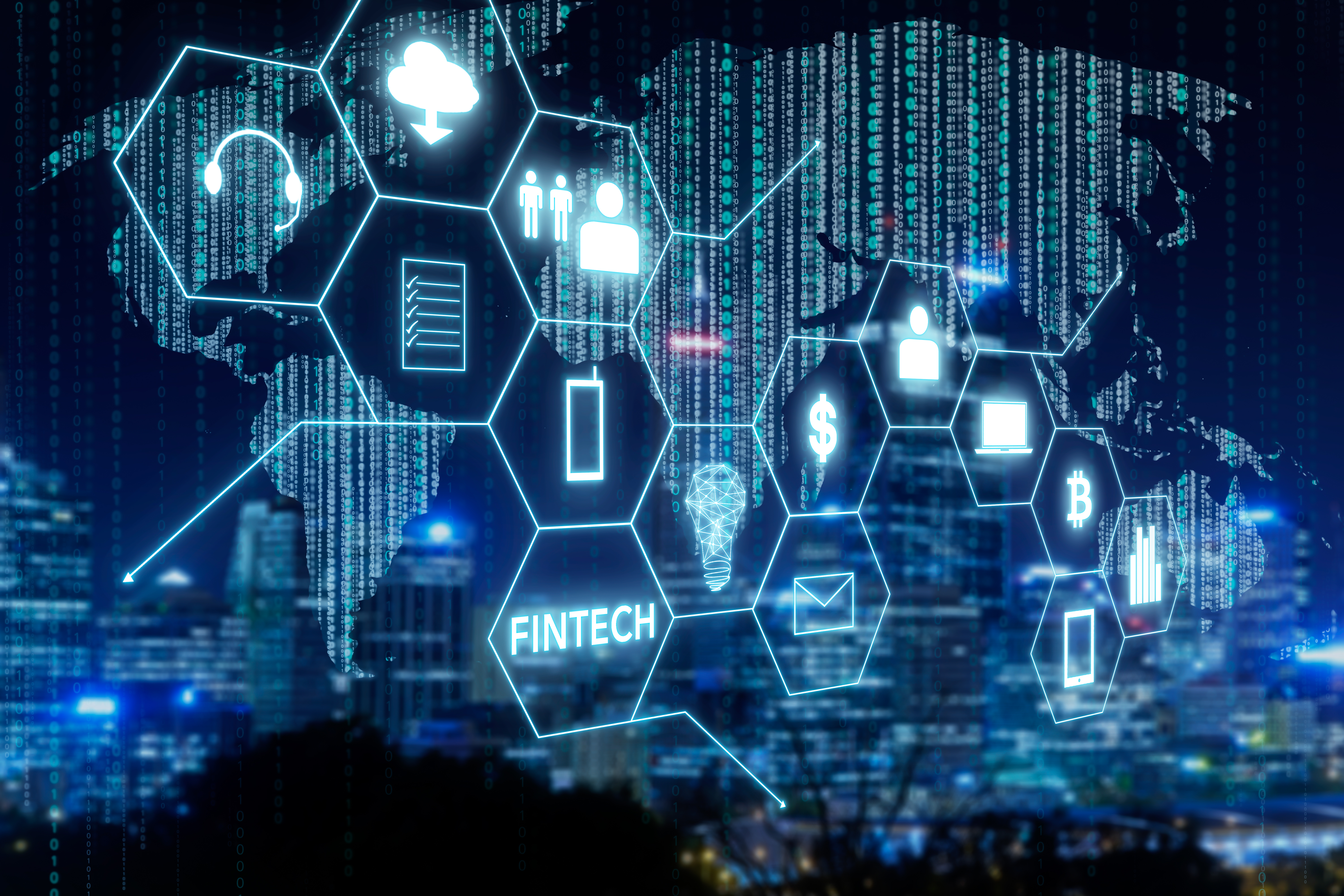 Night cityscape with computing and graph images overlaying