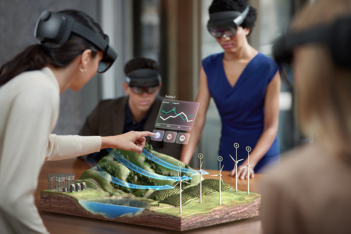 Group of government utility workers using Microsoft HoloLens 2 to collaborate on a wind farm development project