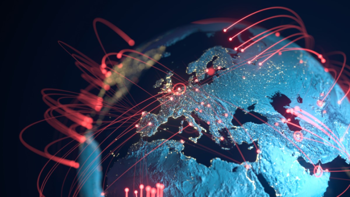 High quality 3D rendered image, perfectly usable for topics related to big data, global networks, international flight routes or the spread of a pandemic / computer virus