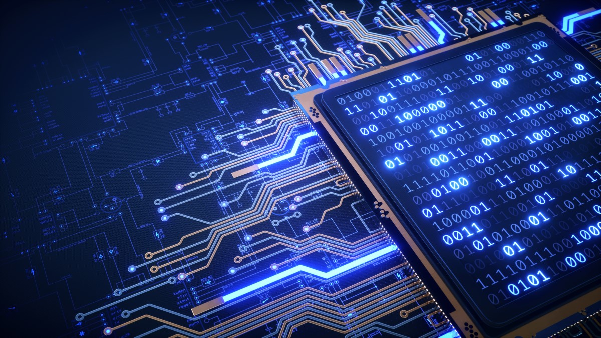 Close up view on a CPU with circuitry and binary numbers displayed on top of it. The scene is positioned on a blueprint surface