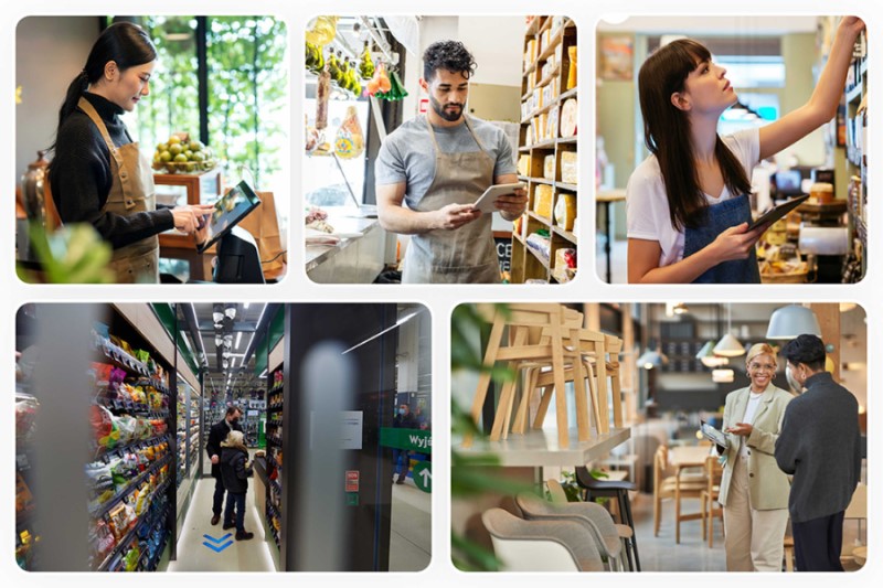 Store associates with devices, and an interior shot of a Zabka Nano store