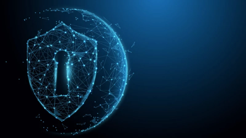 A graphic representation of a keyhole in the shape of a key overlayed over a globe. The graphic looks like blue digital connections that represent a network
