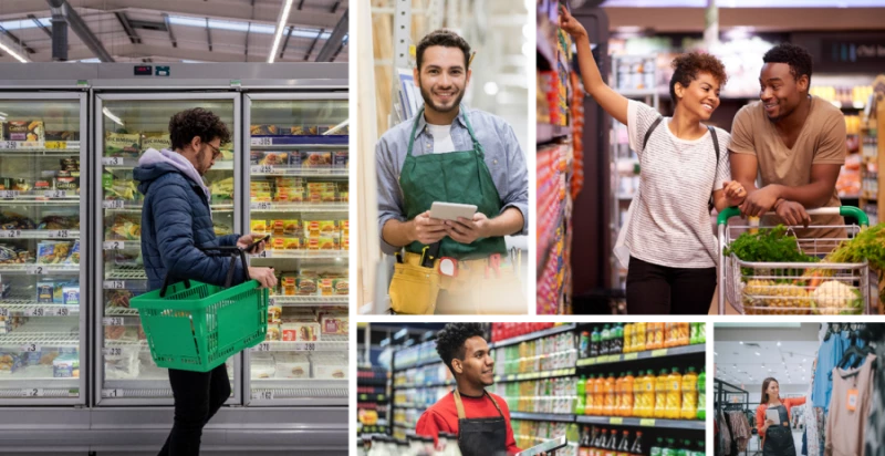 Collage of retail images. A person shopping with a handbasket in front of the freezer section of a grocery store, a sales associate in the lumber section of a hardware store, a couple shopping in a grocery story, two frontline workers assessing inventory in a grocery store and in a clothing store
