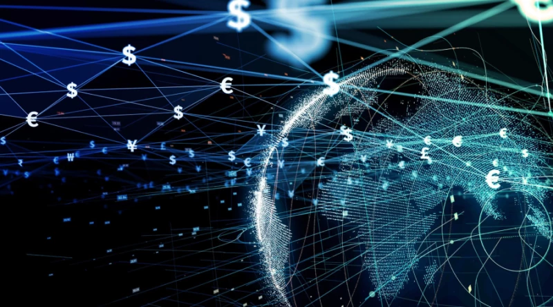 Conceptual rendering of Earth and a surrounding network of data and currency symbols