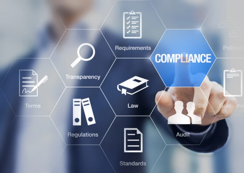 Person pointing to blue hexagon shape with the wording Compliance in the center