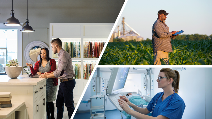 A collage of three industries - retail, sustainability, and healthcare