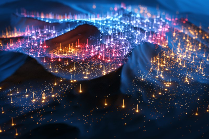 Digital generated image of multi colored glowing data over landscape