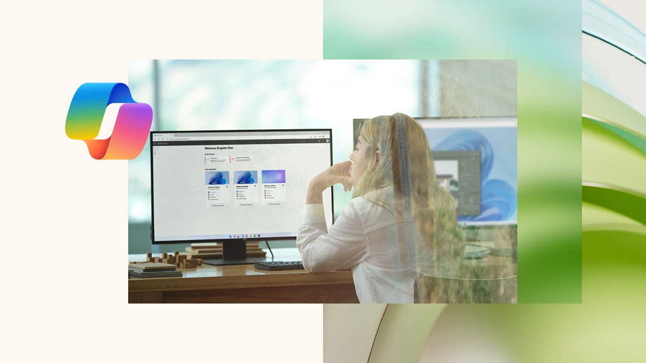 An image of a developer building an AI soution. The Microsoft Copilot logo is overlayed on the image