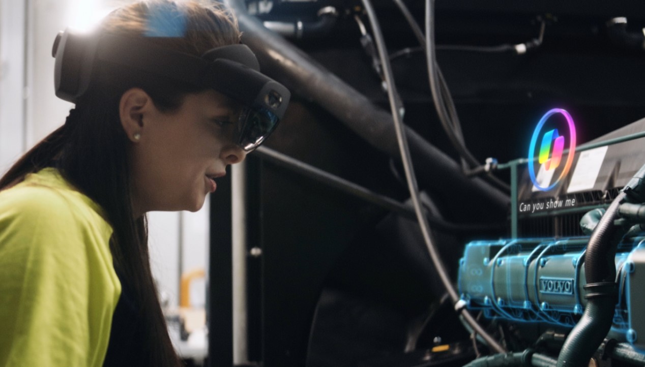 Volvo Penta technician asks Microsoft Copilot in Dynamics 365 Guides to show her the details of a marine engine