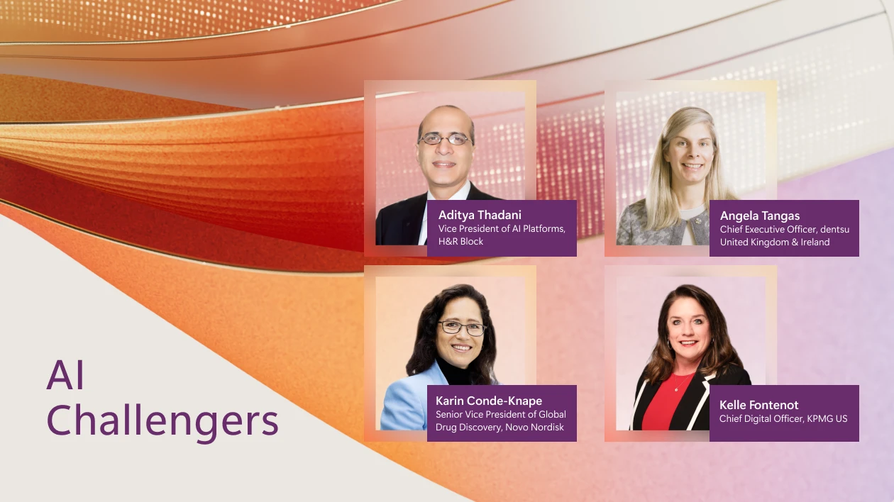 A decorative image that says AI Challengers and includes headshots of Aditya Thadani, Angela Tangas, Karin Conde-Knape, and Kelle Fontenot