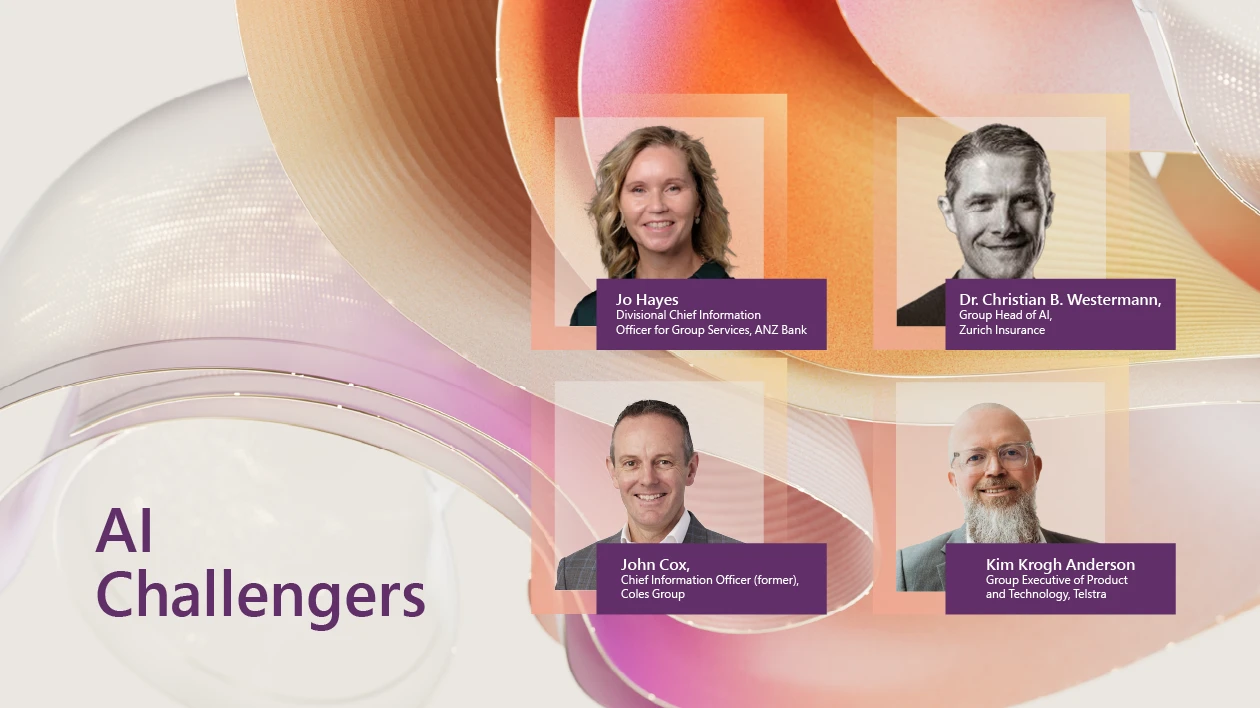 A decorative image that says AI Challengers and includes headshots of Jo Hayes, Dr. Christian B. Westermann, John Cox, and Kim Krogh Anderson