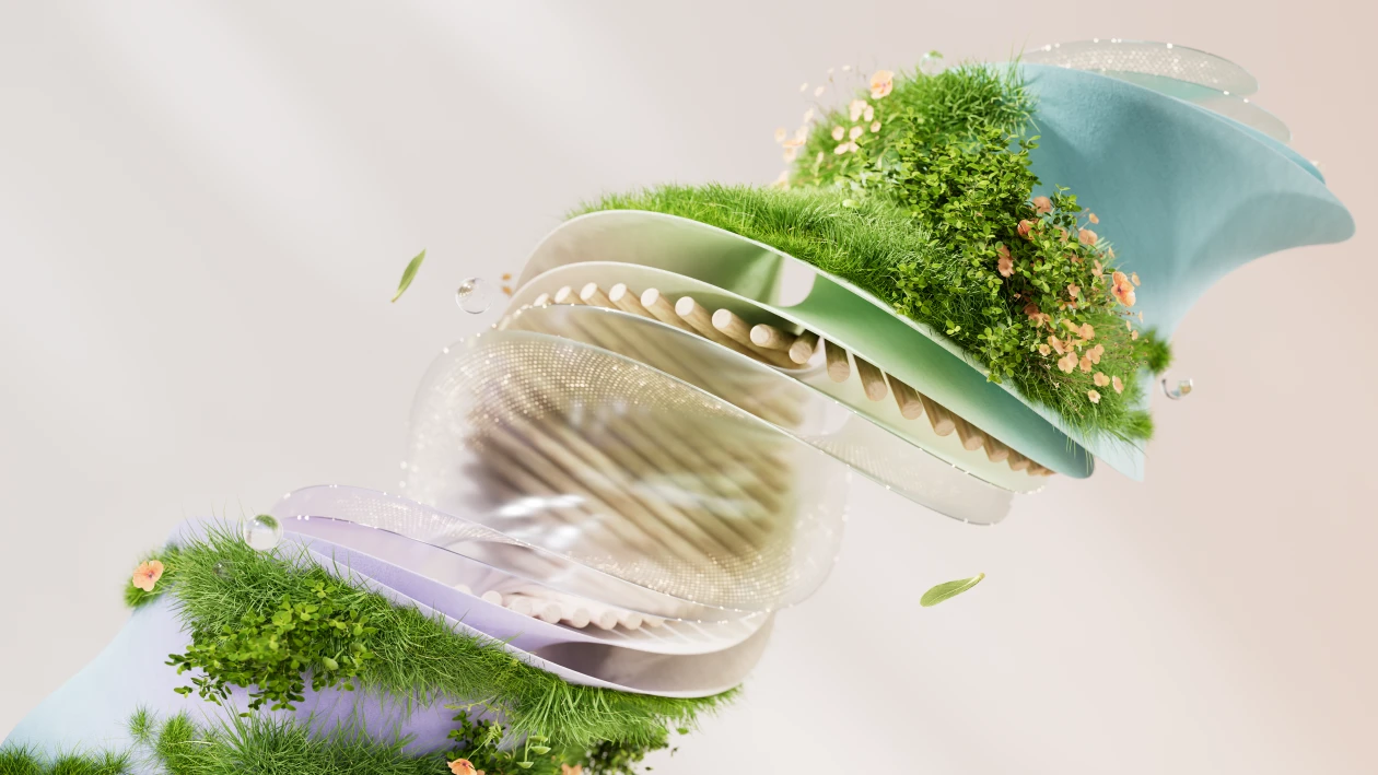 Decorative image of an abstract spiral with greenery and blue and purple elements