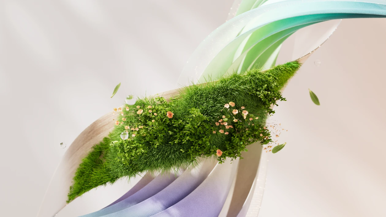 Decorative image of an abstract circular ribbons with greenery and blue and purple elements