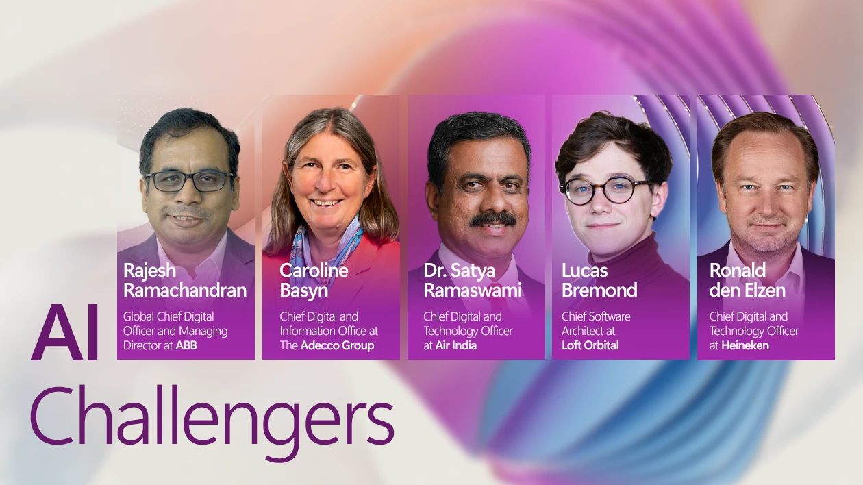 A decorative graphic with five headshots of business leaders on a purple and orange background with the text AI Challengers on the bottom left
