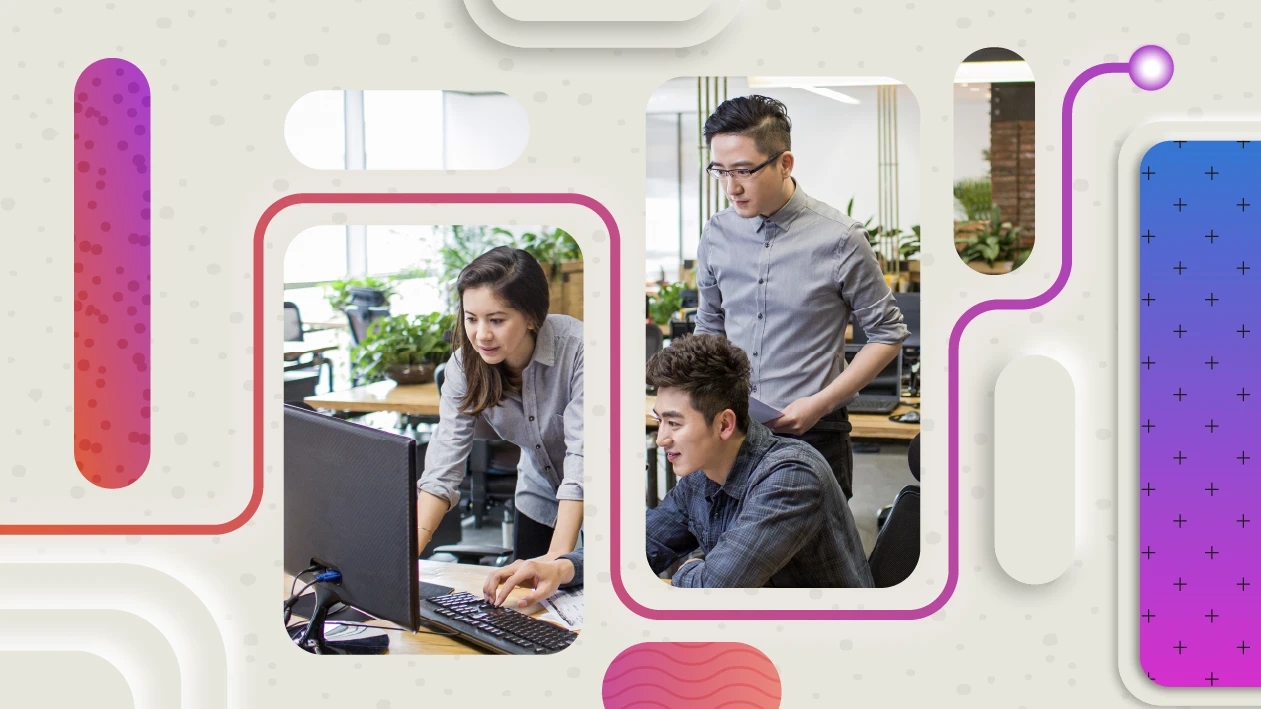 A group of people standing in front of a computer with a decorative abstract overlay of shapes and lines in purple, pink, and reds