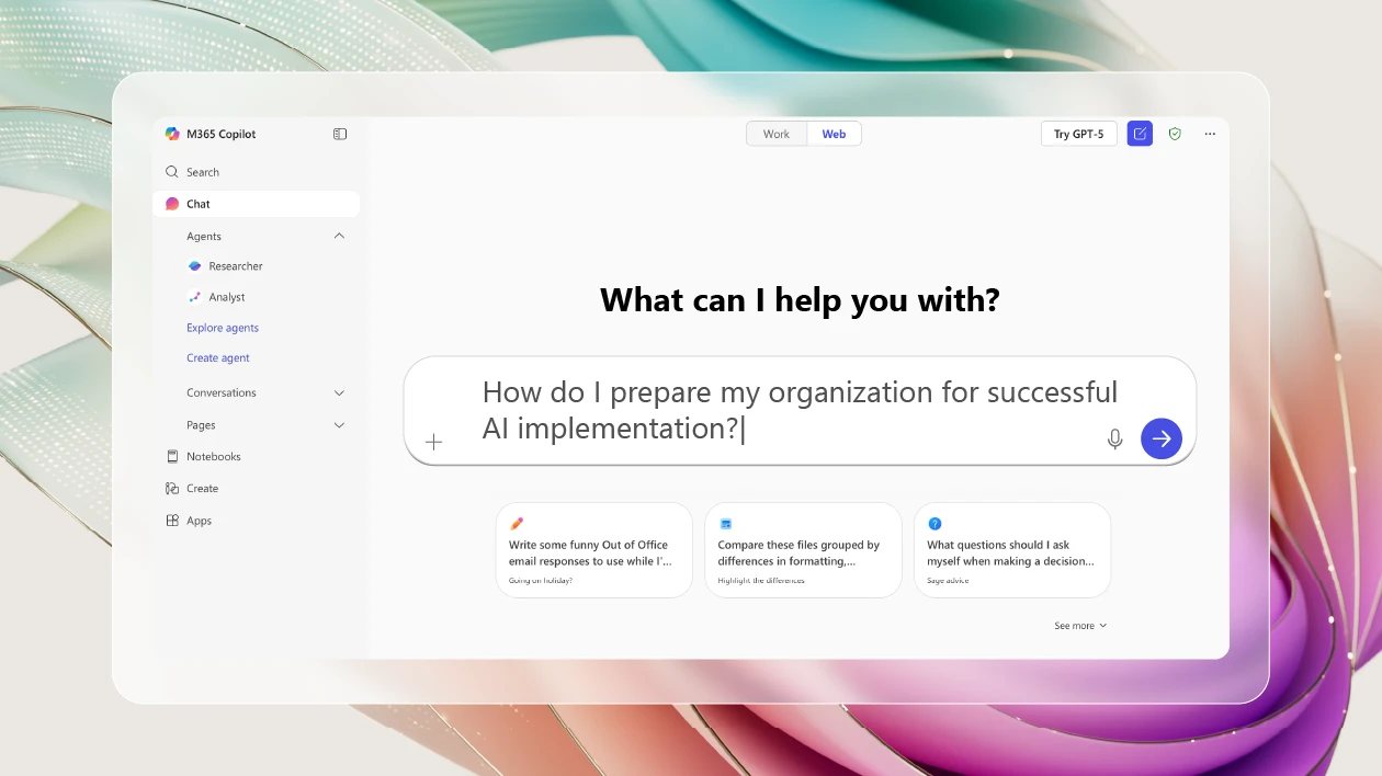 A business decision maker asking Microsoft Copilot how to prepare their organization for successful AI implementation
