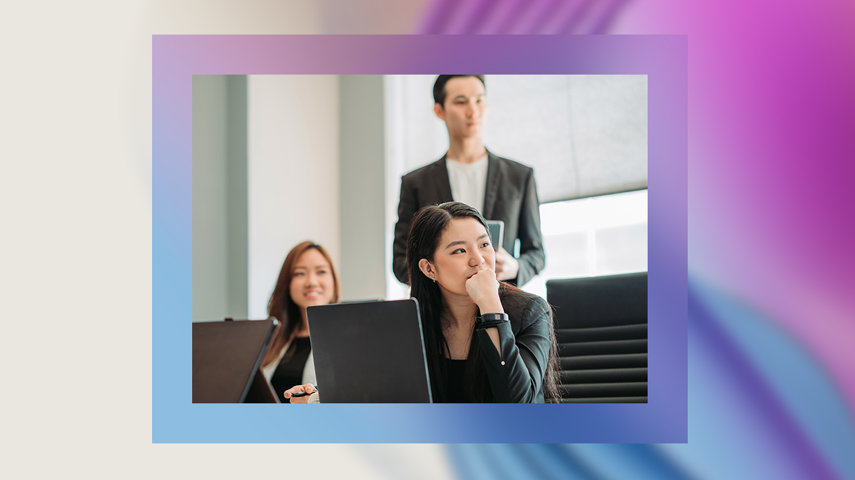 Three people in a boardroom listening to a meeting on a purple and blue background of abstract shapes