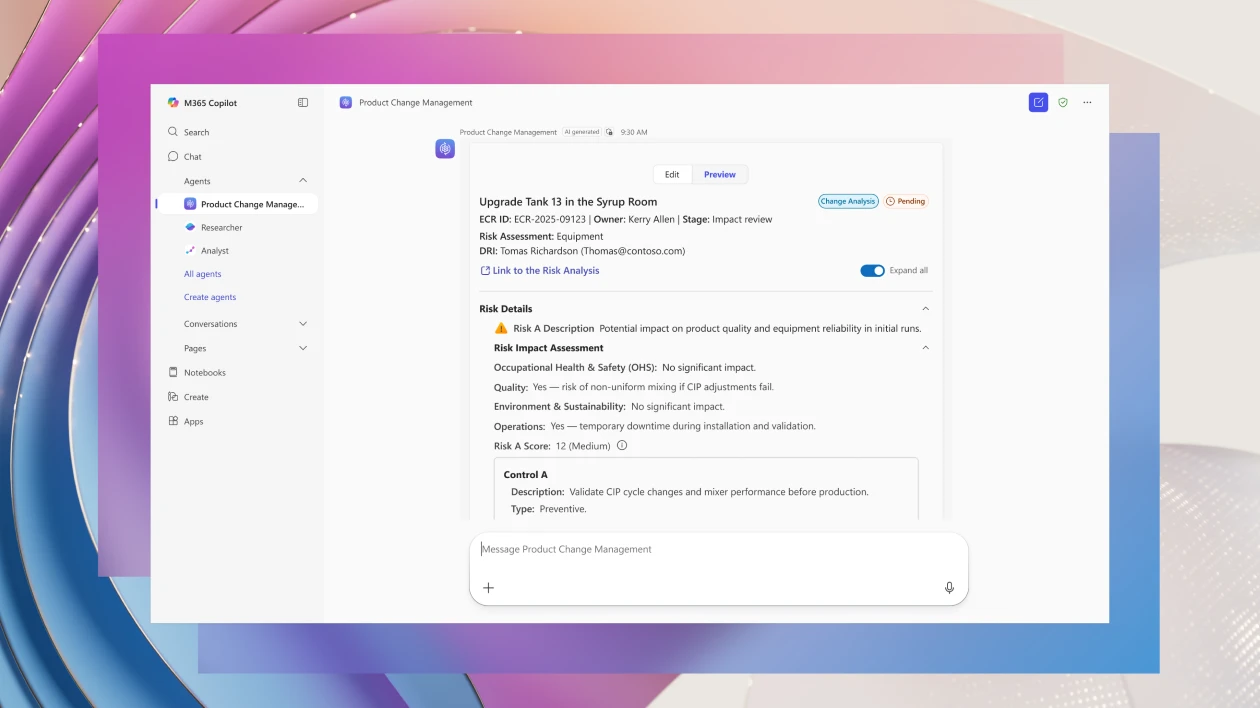 Example of UI for Product Change Management agent template from Microsoft on an abstract background of white, peach, and pink