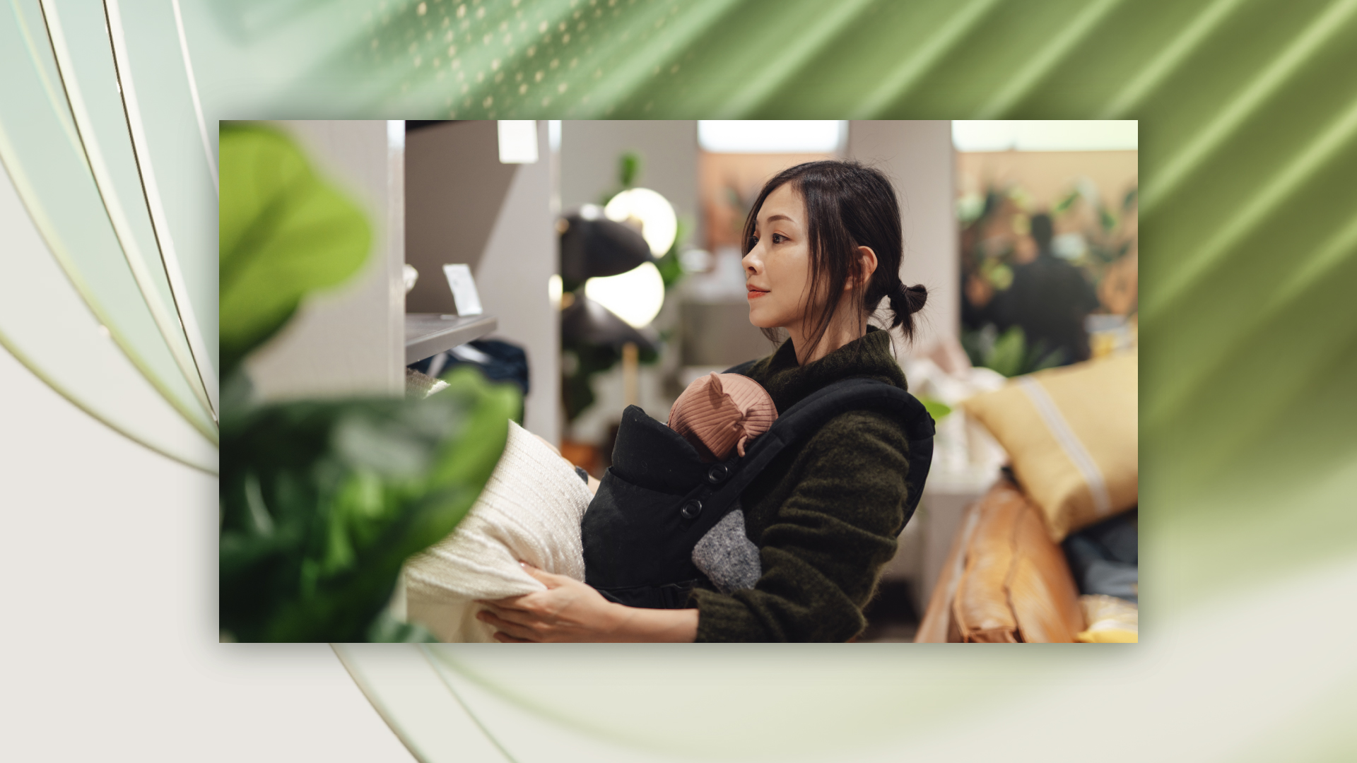 Woman holding an infant in a baby carrier while browsing items in a retail store